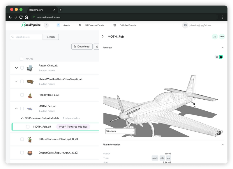 RapidPipeline 3D viewer wireframe mode