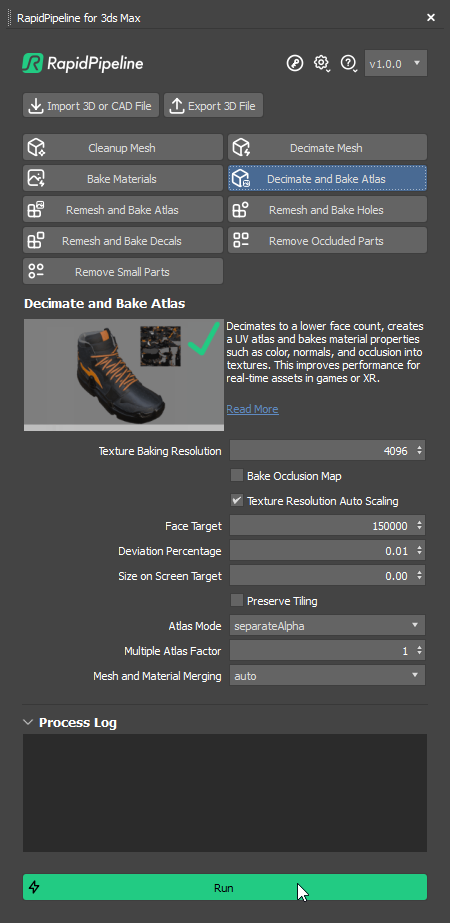 Screenshot of the RapidPipeline Processor UI