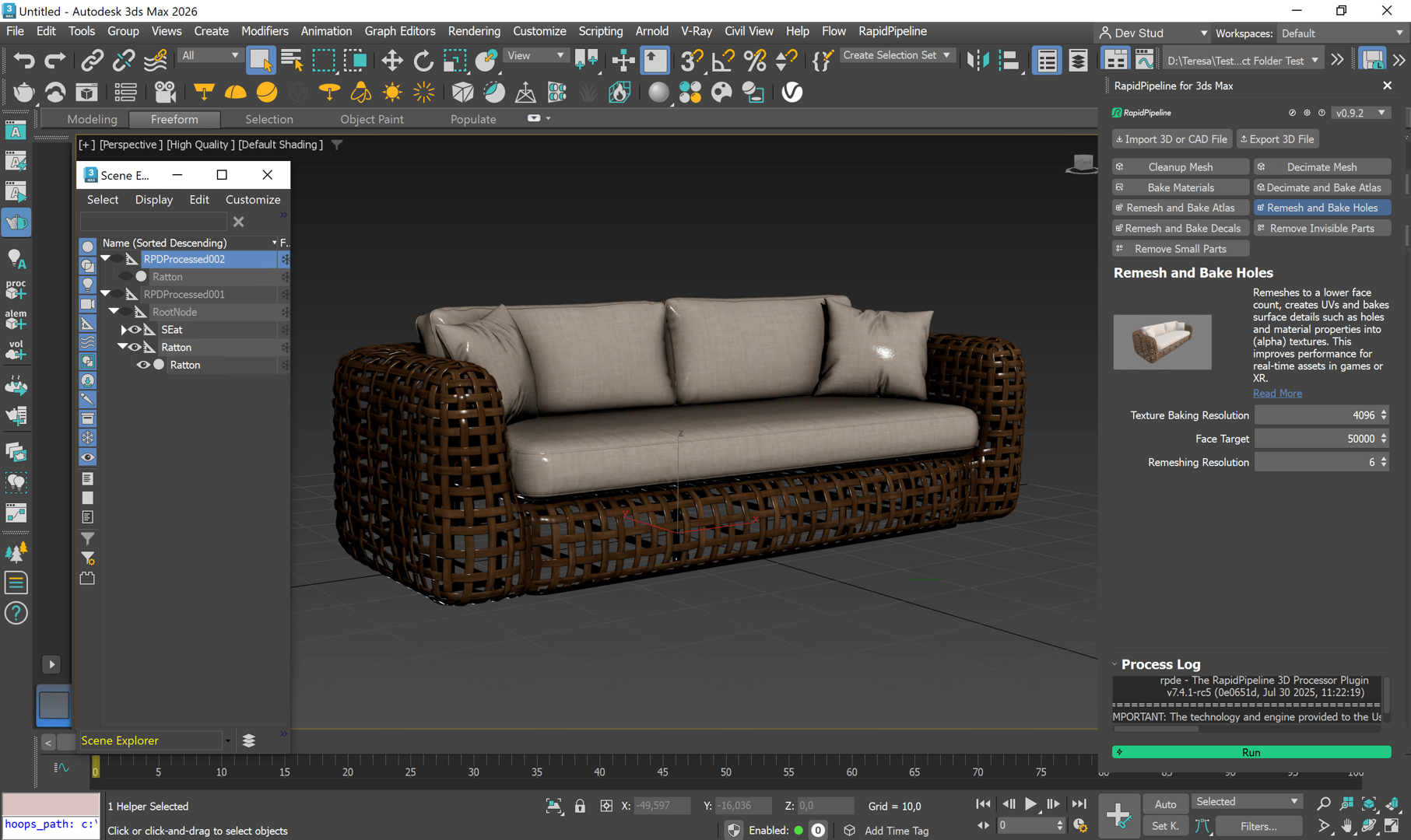 Screenshot of 3ds Max Add-On with the &quot;Remesh and Bake Holes&quot; action