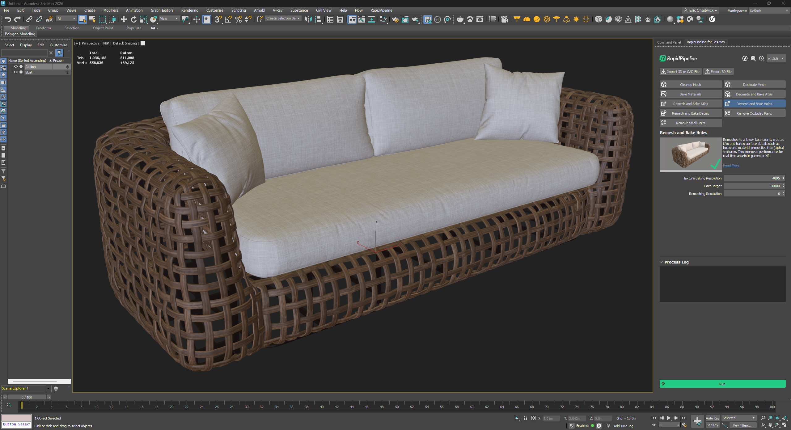Screenshot of 3ds Max Add-On with the "Remesh and Bake Holes" action