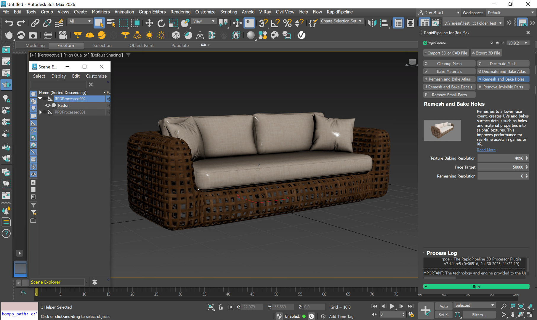 Screenshot of 3ds Max Add-On with the &quot;Remesh and Bake Holes&quot; action