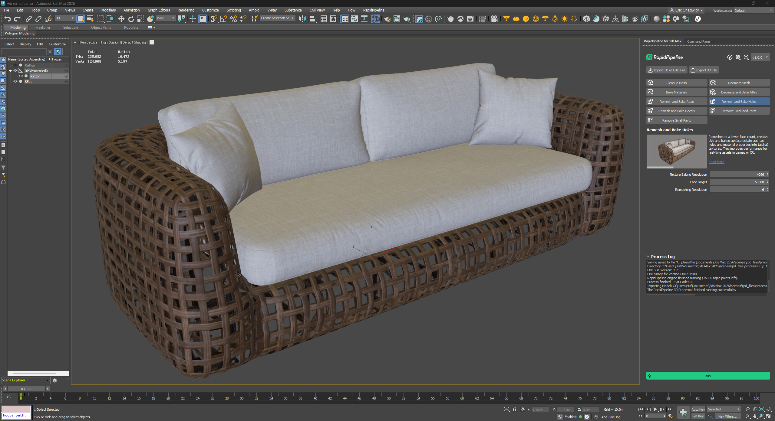 Screenshot of 3ds Max Add-On with the "Remesh and Bake Holes" action