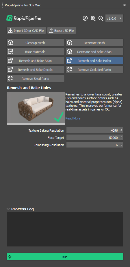 The "Remesh and Bake Holes" action in 3ds Max