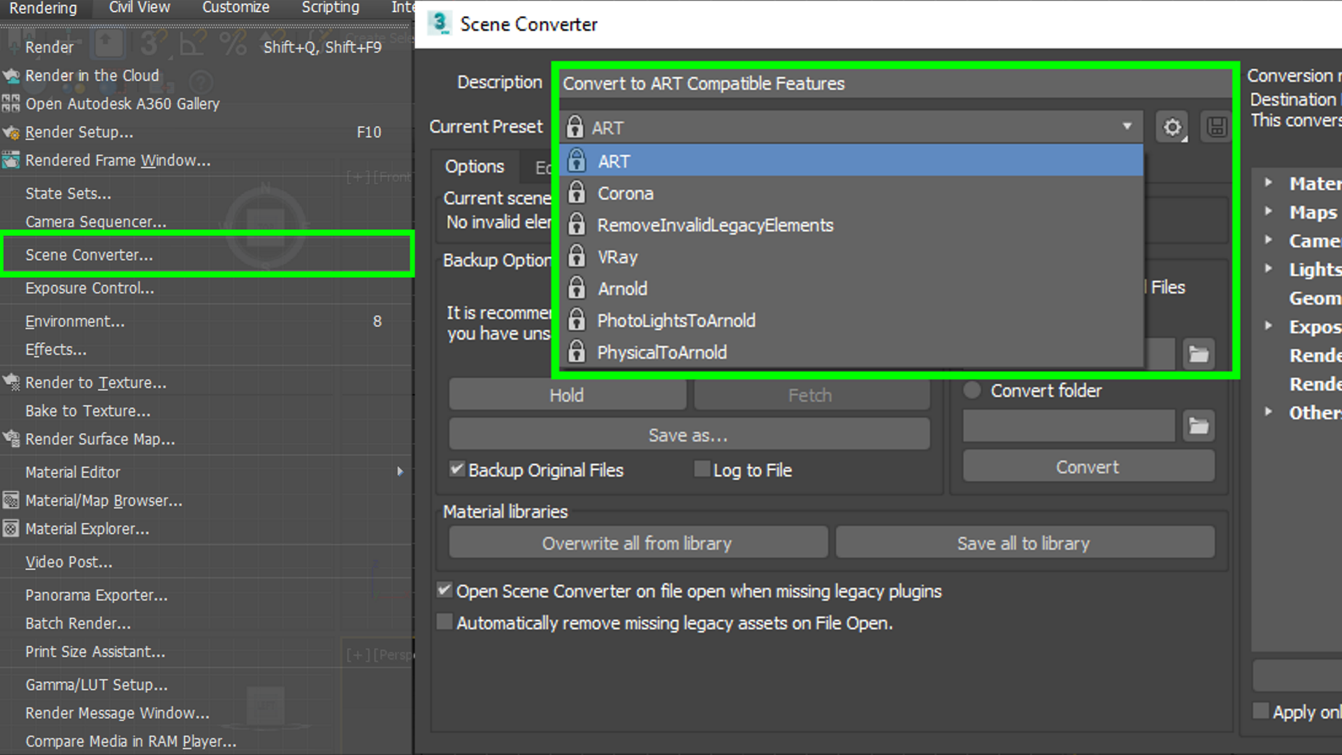 Left: Rendering-&gt;Scene Converter; Right: Select the material/render model the scene was initially set-up with, to convert it to physical material