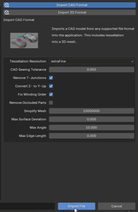 Screenshot of the import CAD UI in Blender