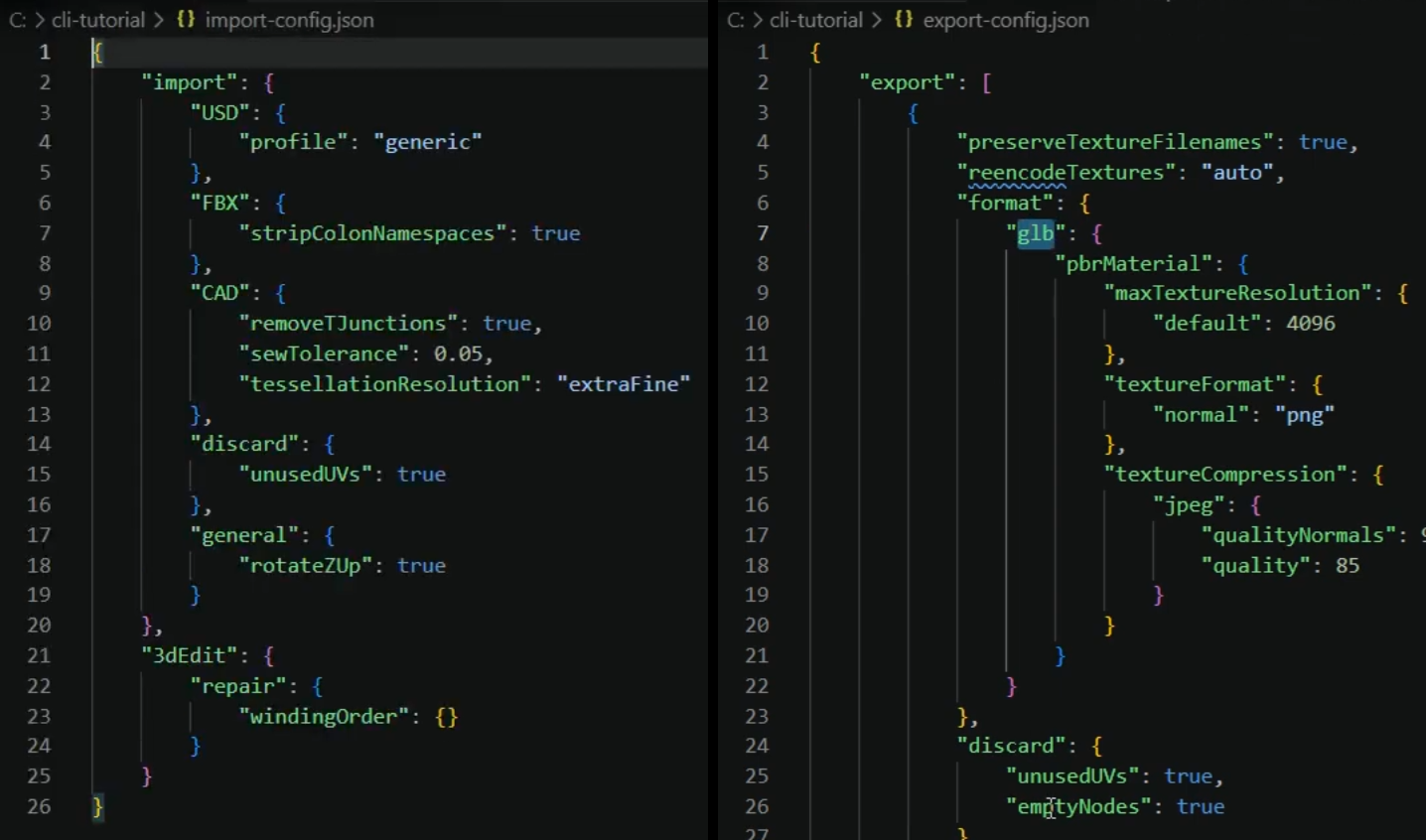 Screenshot of the import and export config contents