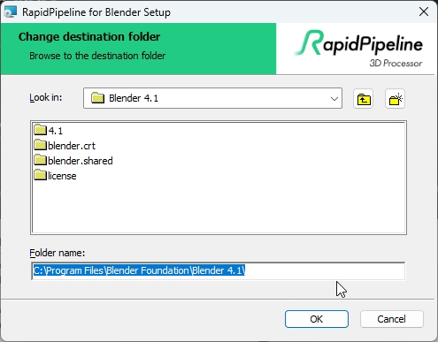 Destination folder interface for the RapidPipeline Blender Plugin