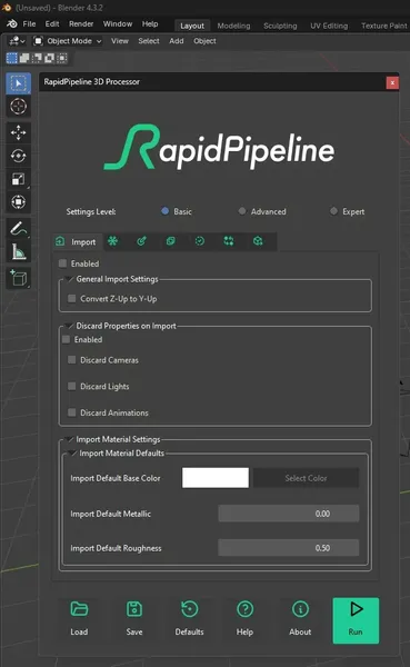 Screenshot of the RapidPipeline 3D Processor Blender plugin