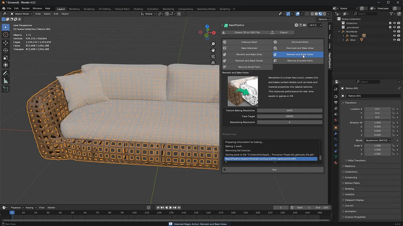 Screenshot of Blender Add-On with the &quot;Remesh and Bake Holes&quot; action