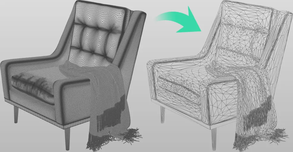 Before and after renders of the chair, in wireframe