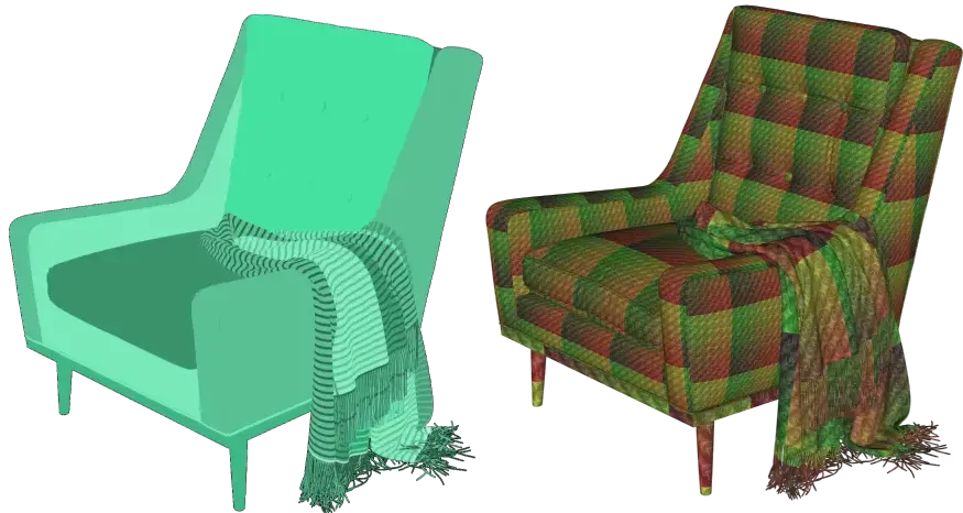 Chair meshes in solid colors, and with UV checker applied