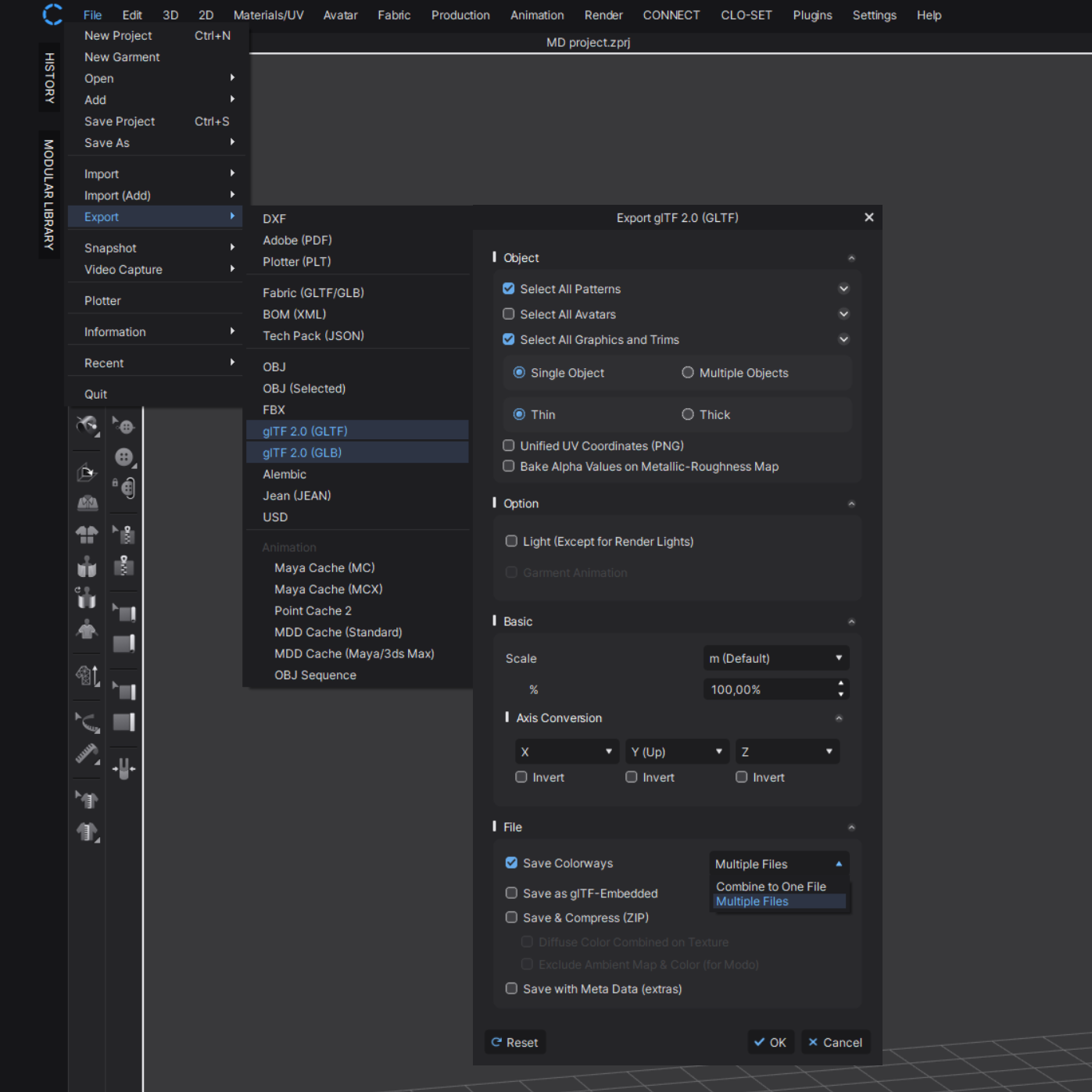 Left: Navigation inside CLO 3D to glTF/GLB export; Right: Recommended GLB export settings