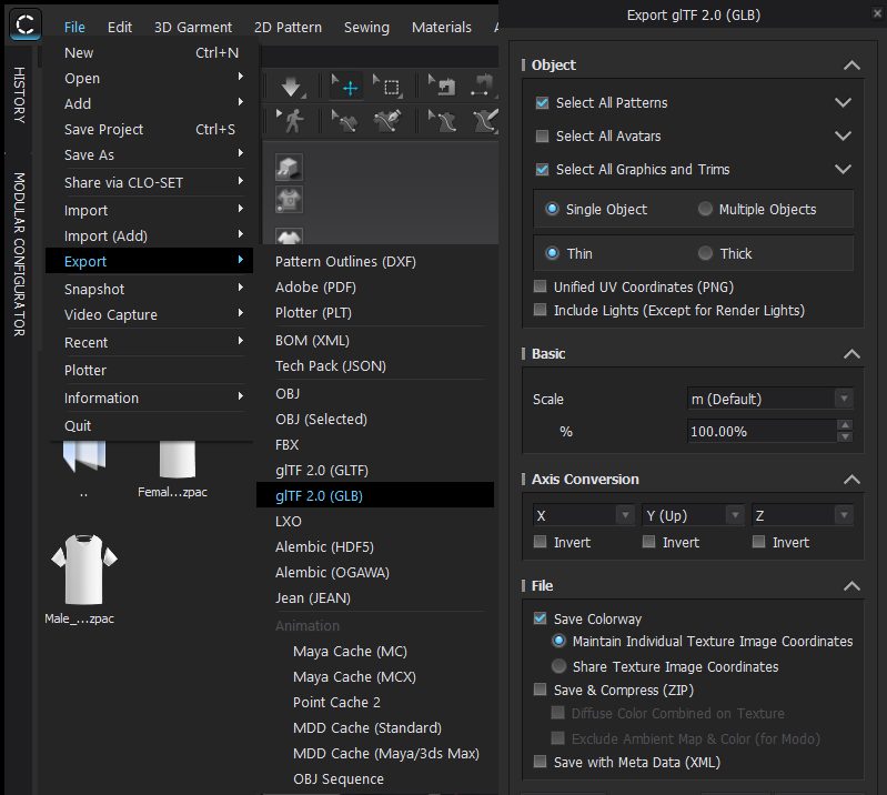 Left: Navigation inside CLO 3D to glTF/GLB export; Right: Recommended GLB export settings