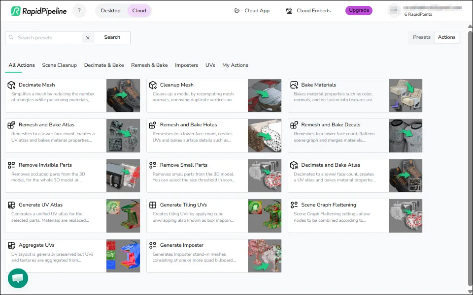 RapidPipeline Web Platform 3D Processor Presets