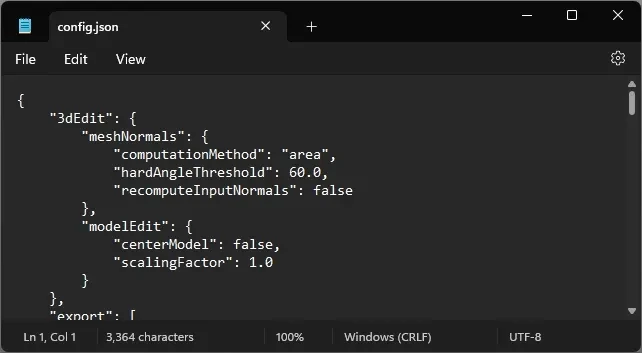 Output of the Write Config command, shown in Windows Notepad