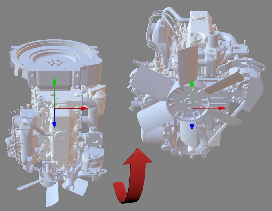 Engine asset is shown before and after rotation, with red 3D arrow