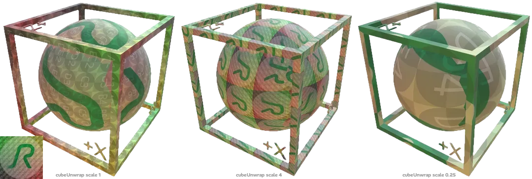 A 1-meter box and sphere with three different cube unwrap scales