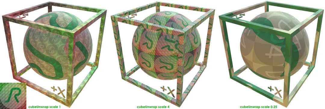 A 1-meter box and sphere with three different cube unwrap scales