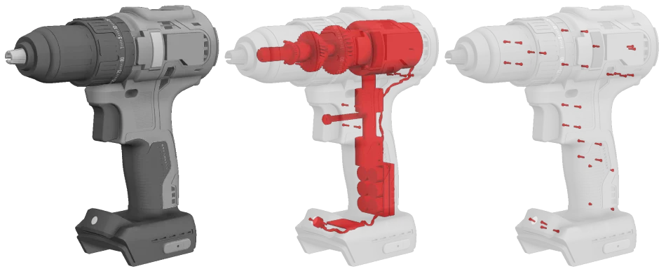 Drill model in x-ray mode showing occluded and small parts