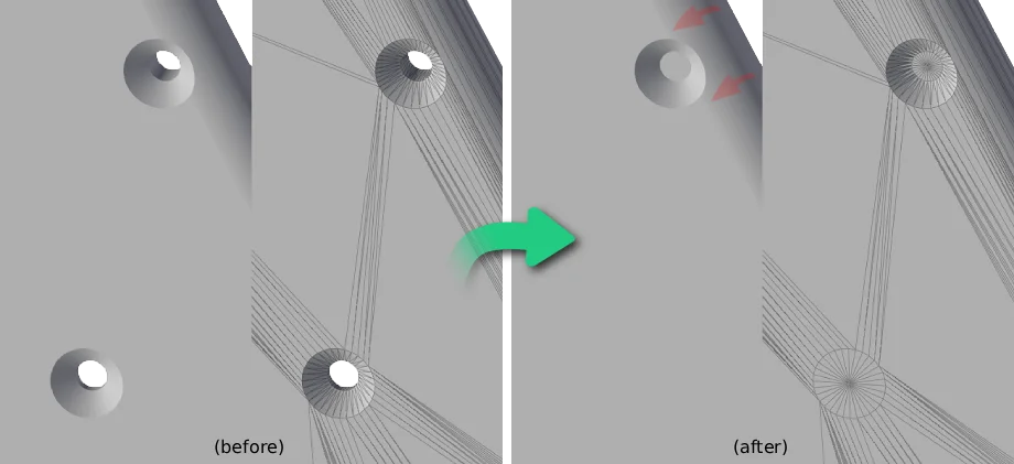Screenshot of before/after defeaturing with flat and curved surfaces