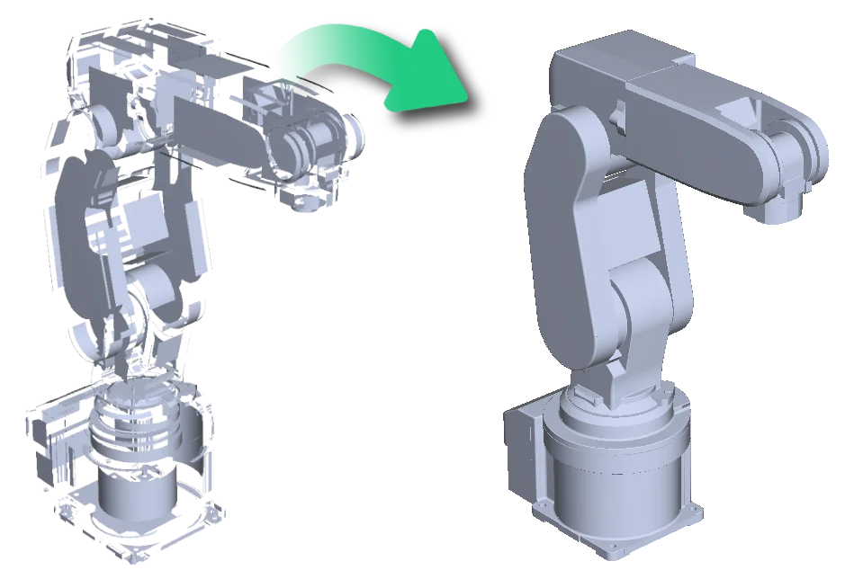 A robot asset in parts, vs. combined together