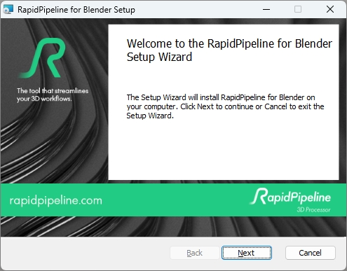 Installation wizard for the RapidPipeline Blender Plugin