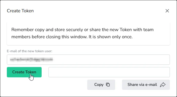 Create Token popup window