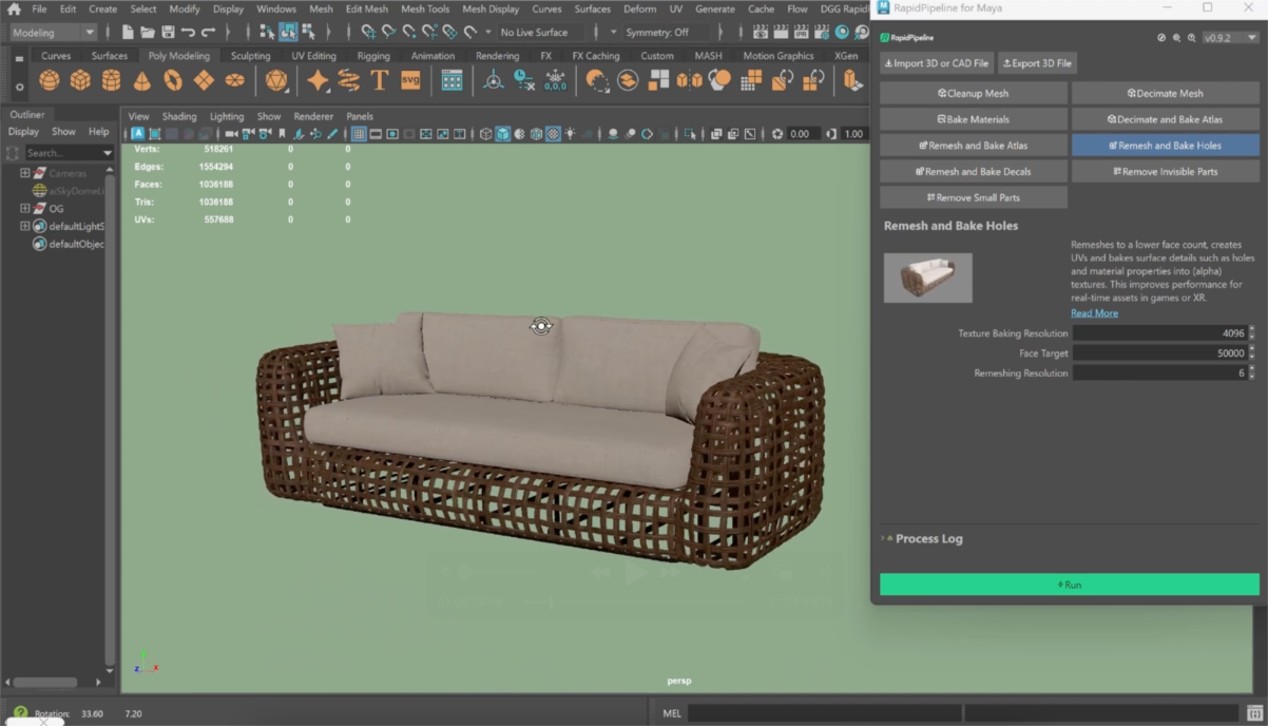 Screenshot of Maya Add-On with the &quot;Remesh and Bake Holes&quot; action