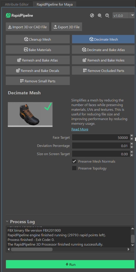 Screenshot of the plugin with the Decimate Mesh button active