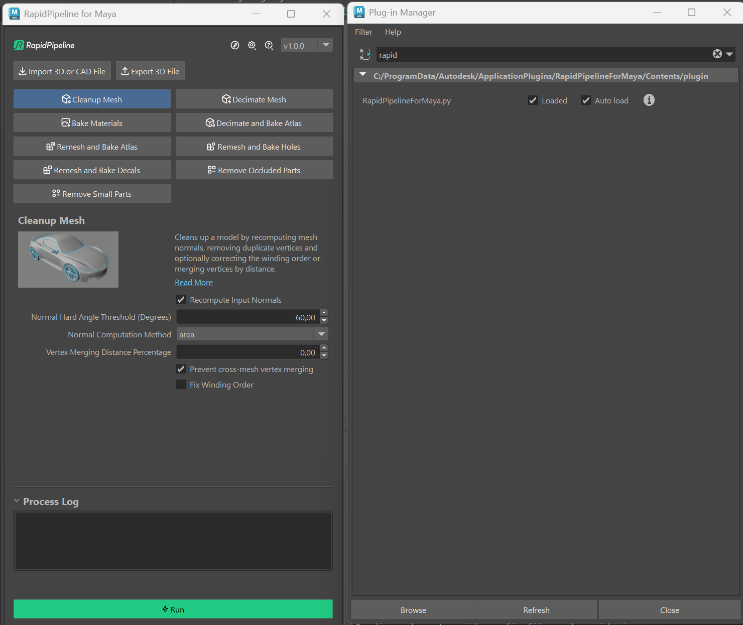 Screenshot of the Maya Plugin Manager and the RapidPipeline for Maya plugin