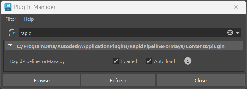 Screenshot of the Maya Plugin Manager and the RapidPipeline for Maya plugin