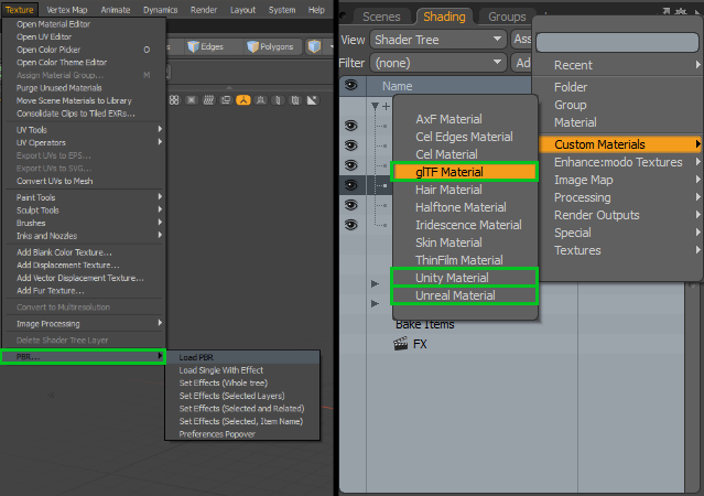 Left: PBR loader can be found in Texture/PBR;  Right: Materials with supported textures