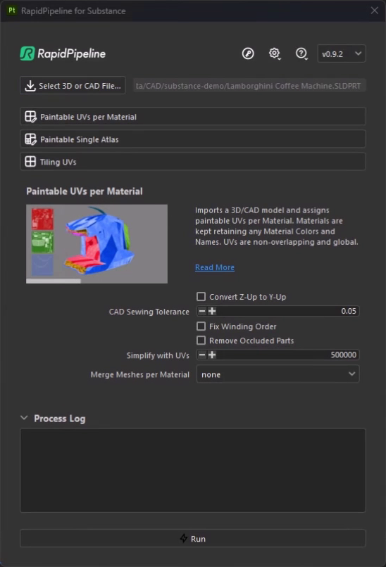 The RapidPipeline Adobe Substance 3D Painter Integration Plugin window