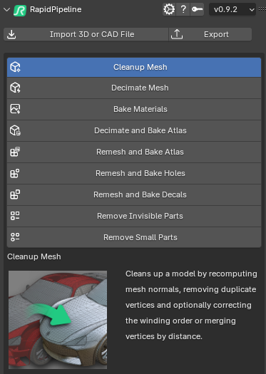 Screenshot of the RapidPipeline Processor UI