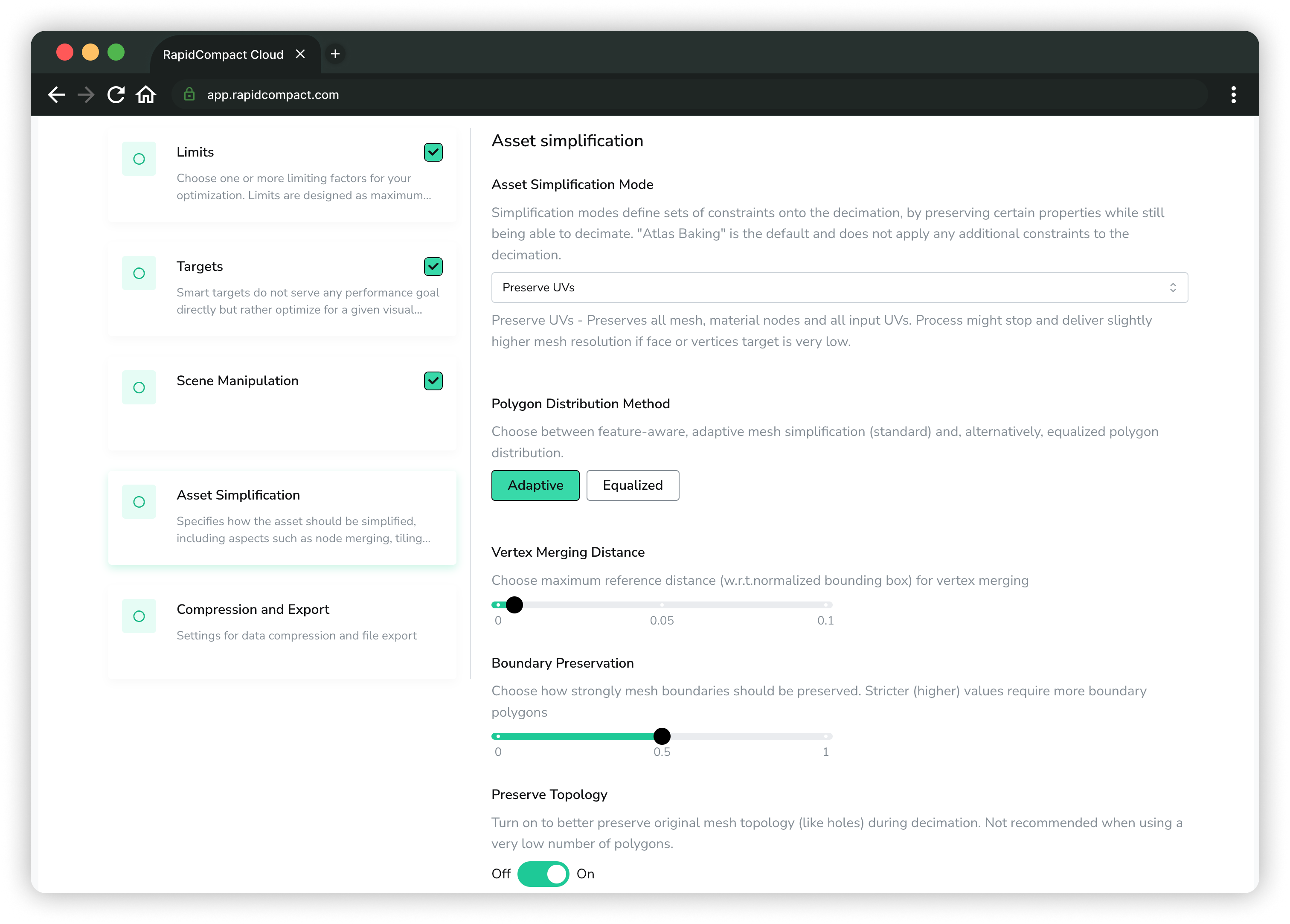 Asset Simplification Settings