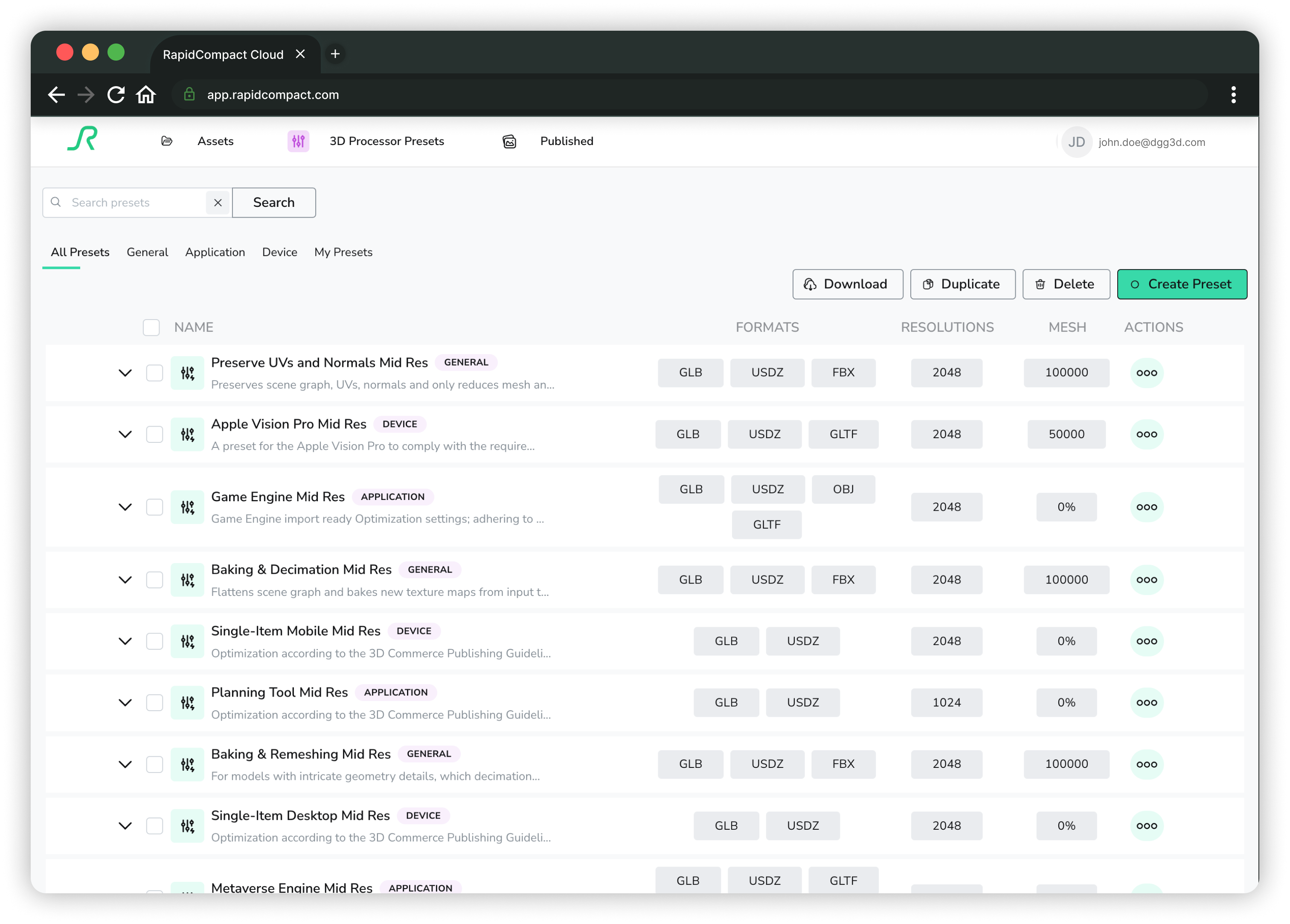 RapidPipeline Cloud 3D Processor Presets