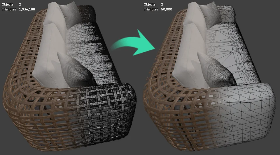 Before and after renders of a wicker sofa, as an animated GIF comparing PBR renders vs wireframes