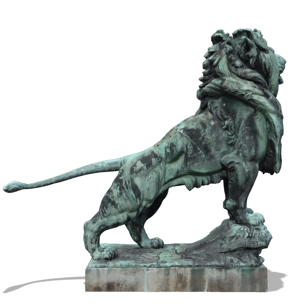 The image that was created by the Render command, a side view of a lion sculpture