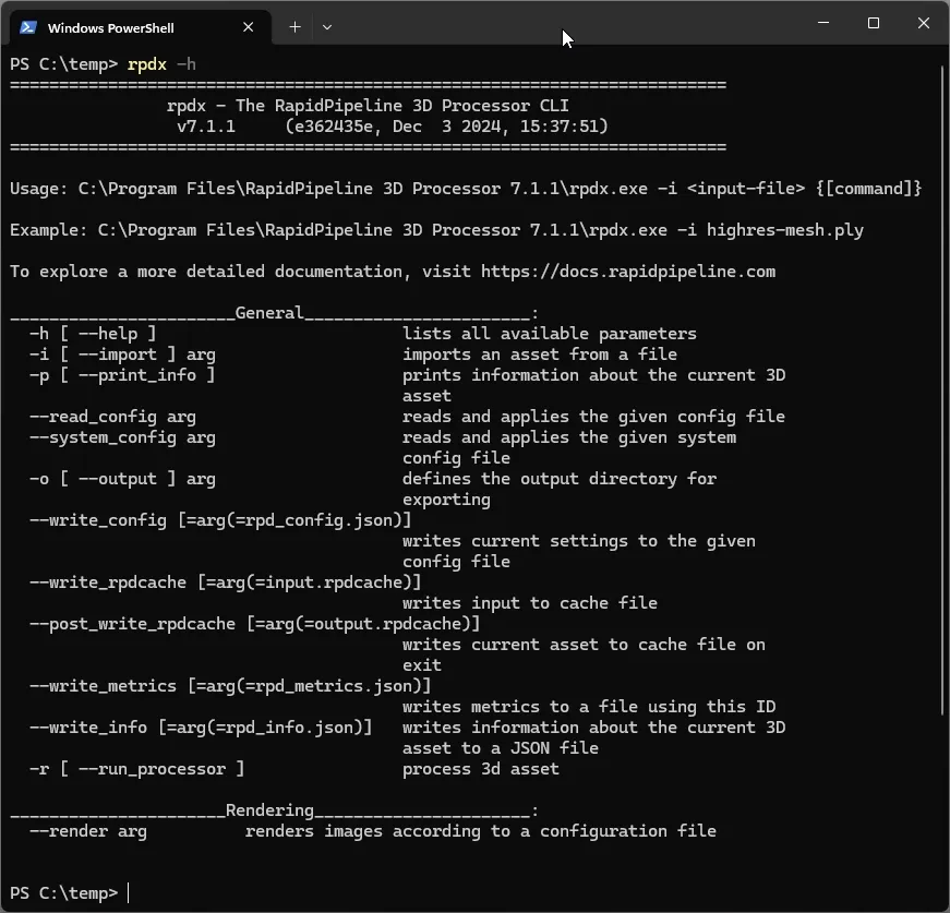 Results of the Help command in the CLI