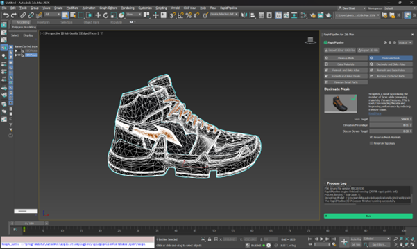 Screenshot of the decimated shoe with wireframe overlay