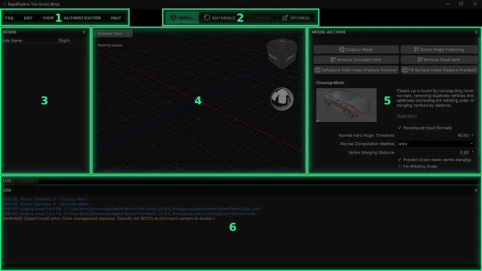 Screenshot of the main interface, with numbered callouts