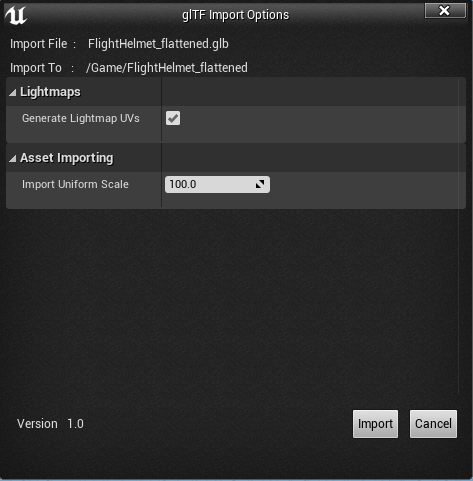 Unreal Engine glTF Import Options, generate Lightmap UVs is recommended