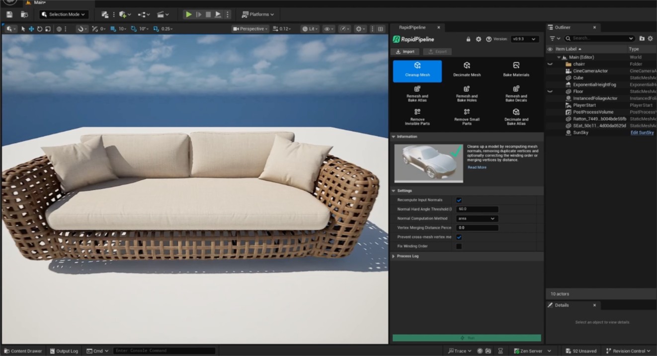 Screenshot of Unreal Engine Add-On with the &quot;Remesh and Bake Holes&quot; action