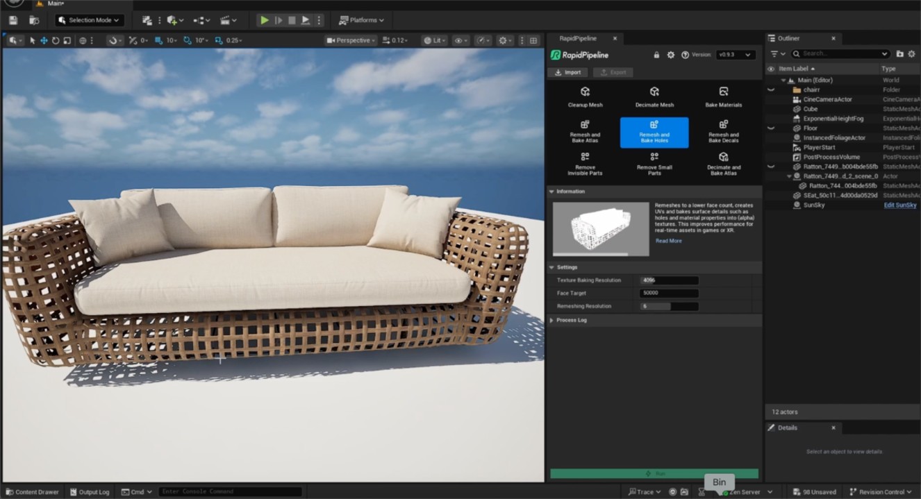 Screenshot of Unreal Engine Add-On with the &quot;Remesh and Bake Holes&quot; action