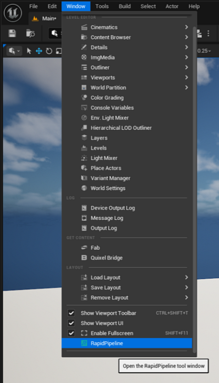 RapidPipeline menu button